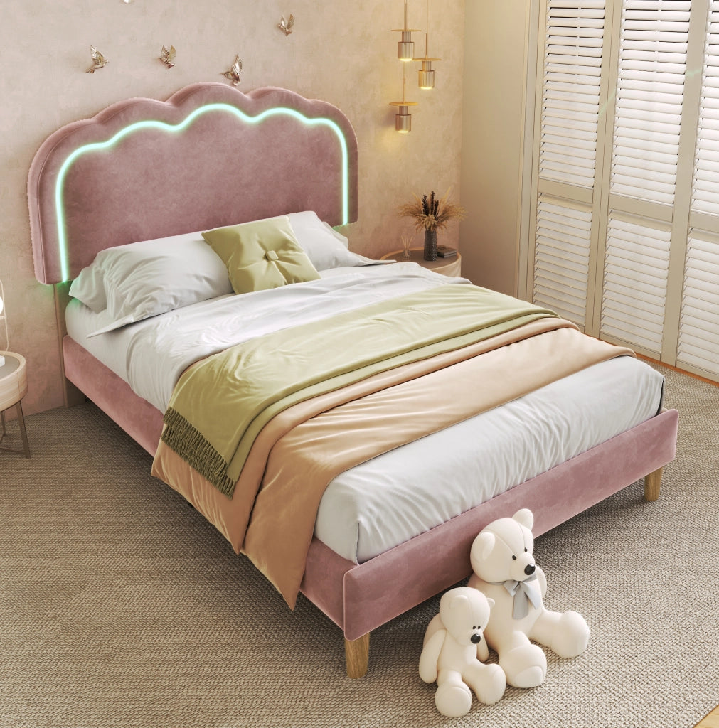 Letto singolo 90x190 cm; testiera LED regolabile; velluto rosa (Senza materasso)