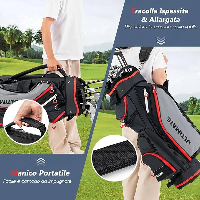 Borsa da Golf Leggera e di Grande Capacità, Sacca da Golf con 14 Divisori, 8 Tasche, Cappuccio Antipioggia, Tracolla, Borsa Termica per Bevande, Ideale per Uomini e Donne (Nero)