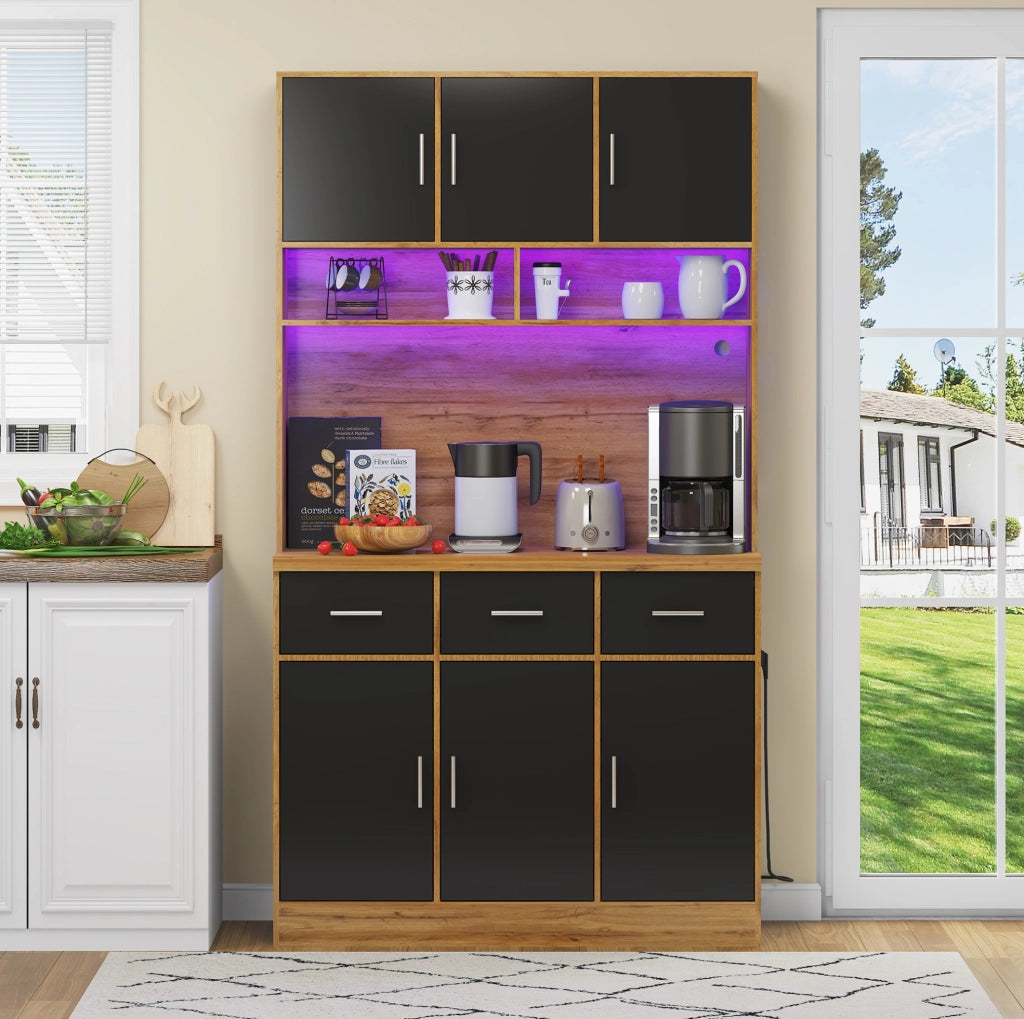 Credenza cucina 100x40x180 cm con LED, prese USB, cassetti e ripiani regolabili in MDF