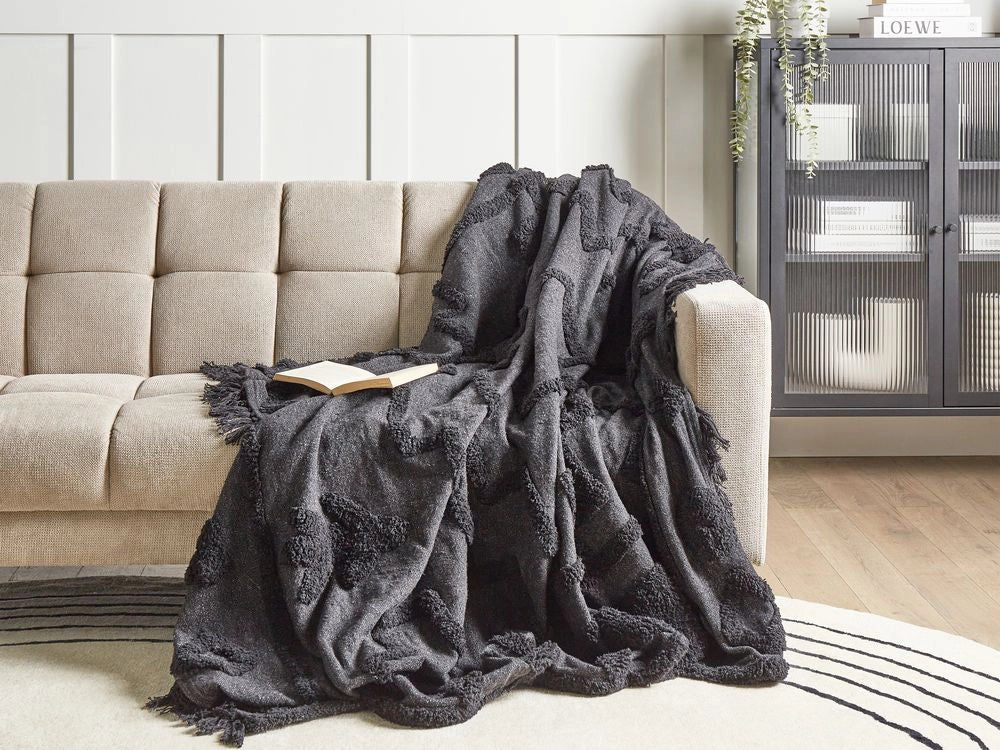 Coperta Grigio Cotone 200 x 220 cm Grande Coperta Letto Lancio Ciuffo Stile Boho