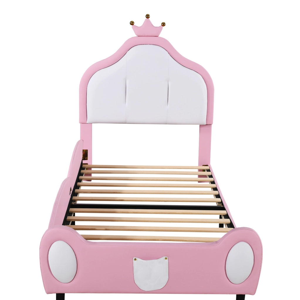Letto imbottito per bambini 90x200 cm con testiera a corona; bianco e rosa
