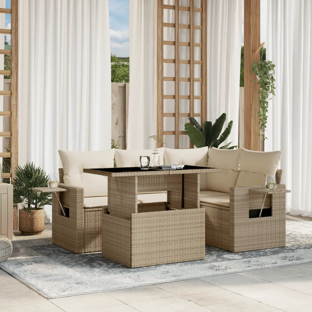 Set Divano da Giardino 5 pz con Cuscini Beige in Polyrattan