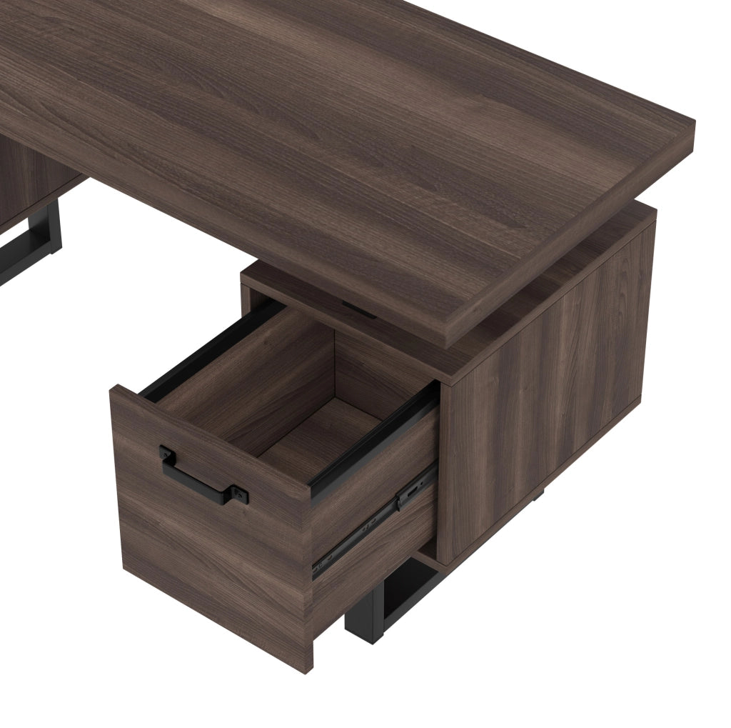 Scrivania 135x54 cm in MDF e acciaio， marrone， con contenitore e cassetti silenziosi