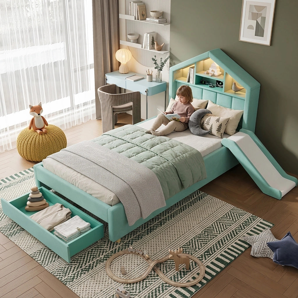 letto per bambini velluto blu verde 156 x 214 cm