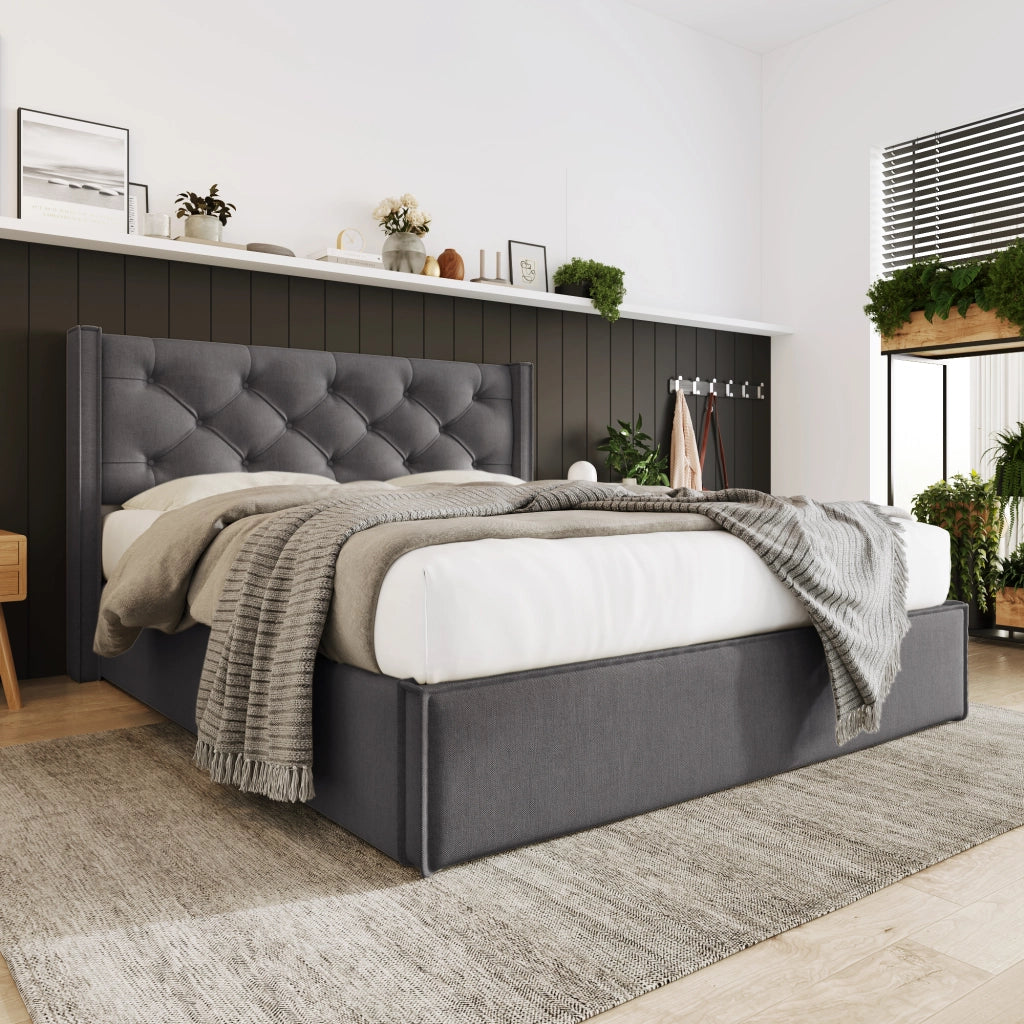 OKWISH Letto Contenitore 140×200 cm, Letto Matrimoniale con Testiera Imbottita e Vano Contenitore, senza Materasso, in Cotone, Grigio