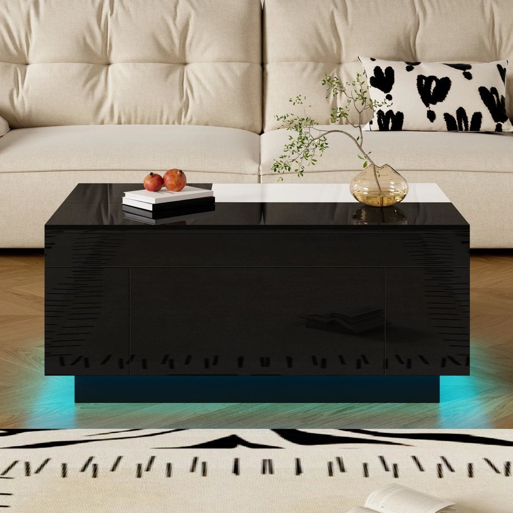 Tavolino da Salotto con LED e Piano Estraibile ¨C MINIMAL ¨C Bianco/Nero, Lucido, con Vano Contenitore
