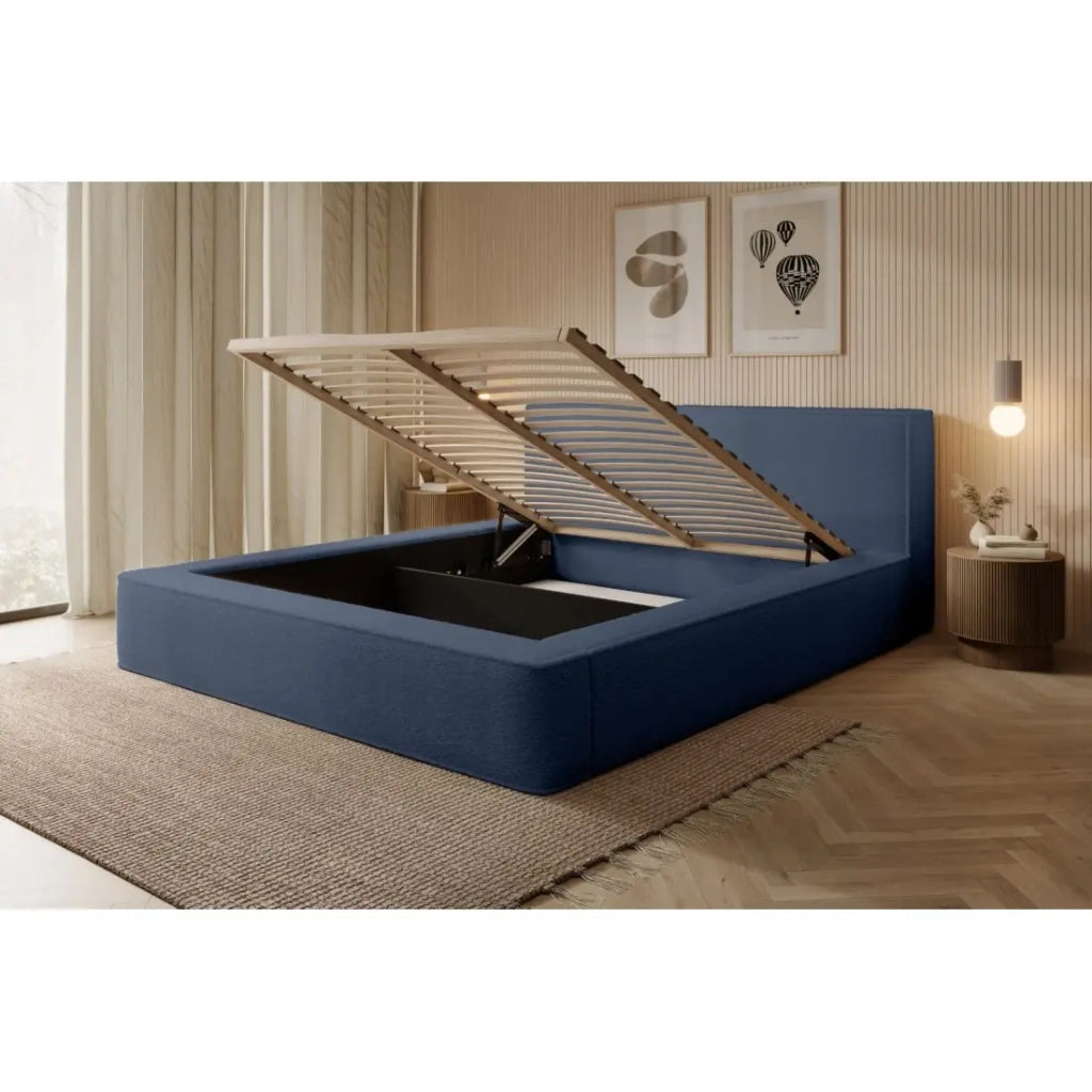 Letto contenitore VELORA – Blu acciaio bouclé – 160x200 cm – Tessuto velluto morbido – Rete sollevabile – Contenitore integrato