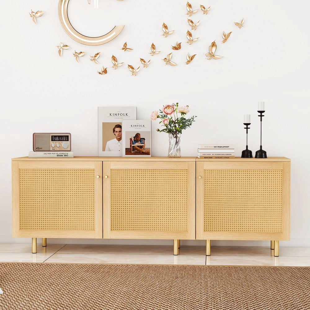 Credenza con Ante e Rattan ¨C MINIMAL ¨C Legno Naturale, 180x63x40 cm