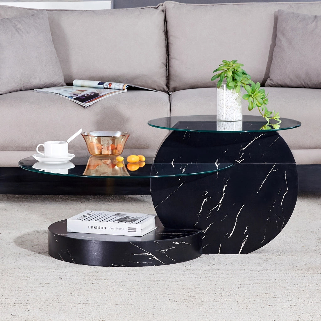 TAVOLINO da caffè a più livelli Ø 49,8/69,8 cm MDF e vetro temperato Nero/Trasparente