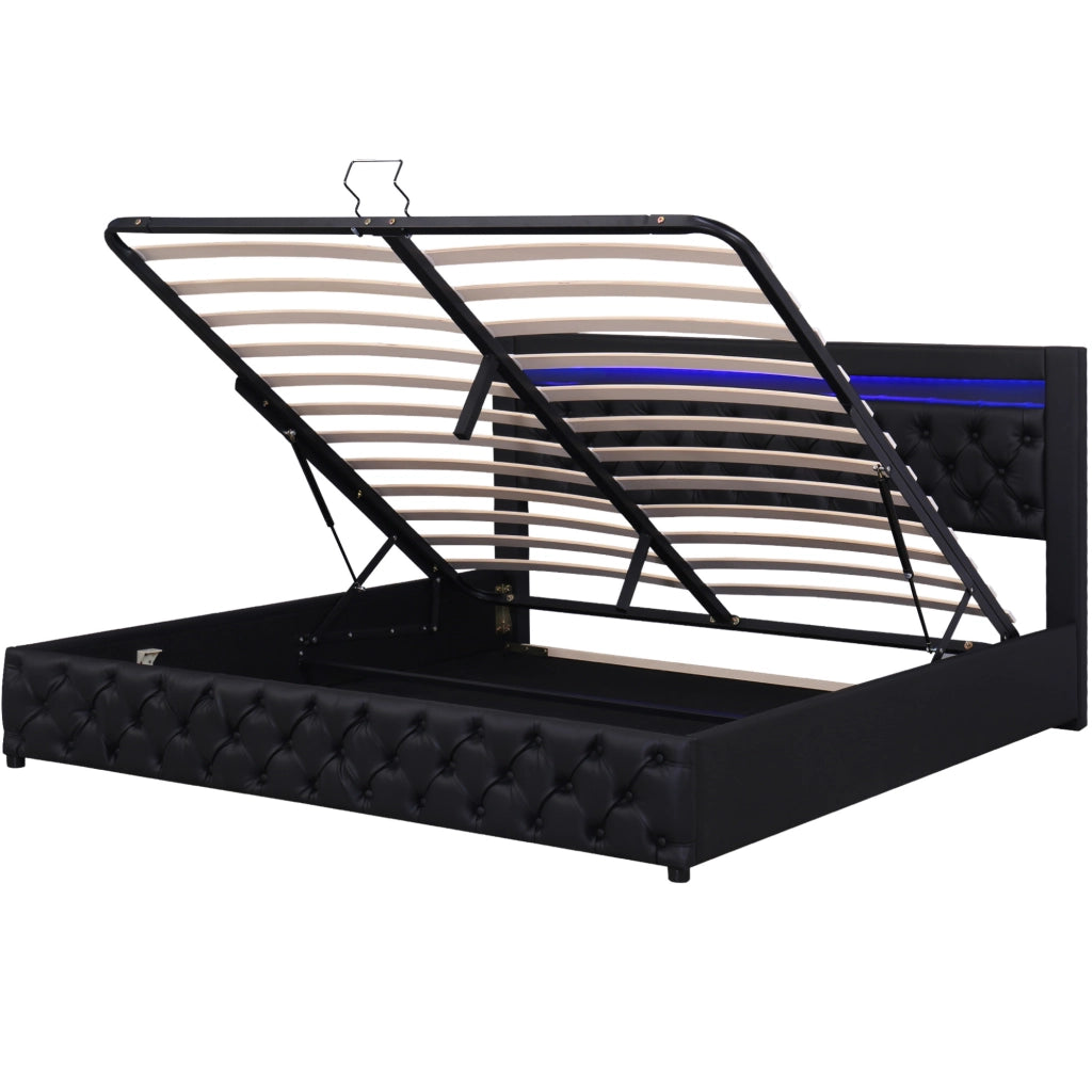 Letto capitonn茅 matrimoniale 140 x 190 cm in PU nero con rete a doghe; contenitore e LED