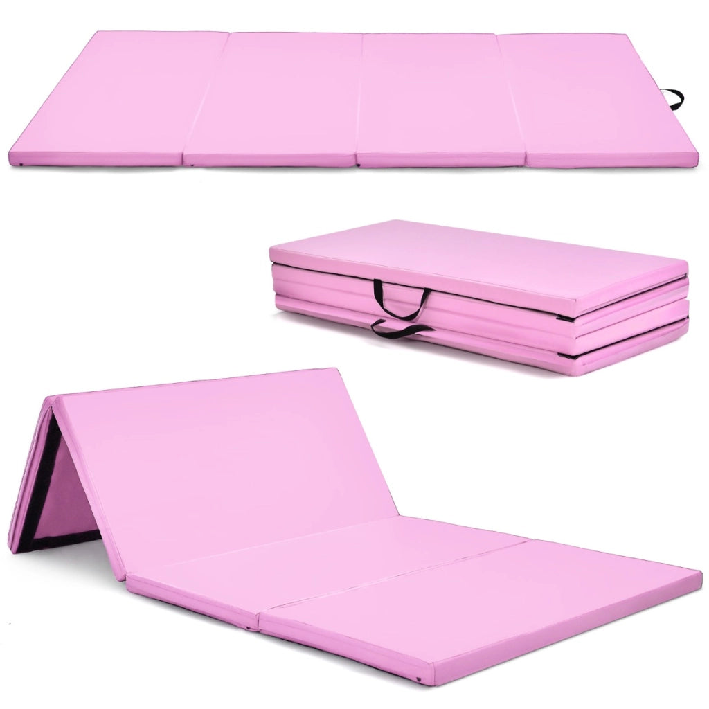 Tappetino da ginnastica con 2 maniglie 4 pannelli, Materassino pieghevole per yoga fitness allenamento Rosa
