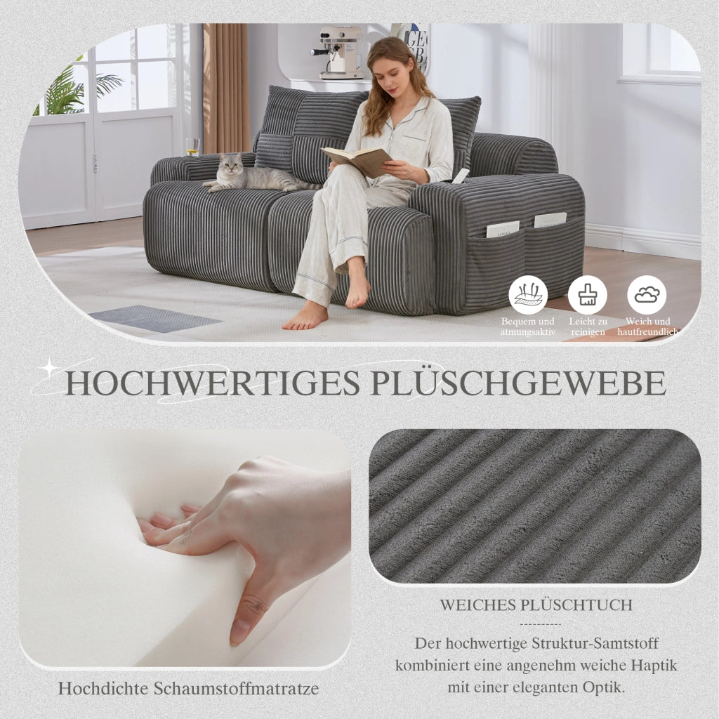 Divano modulare a 2 posti in tessuto a coste con portabicchieri tasca laterale e imbottitura ergonomica grigio scuro