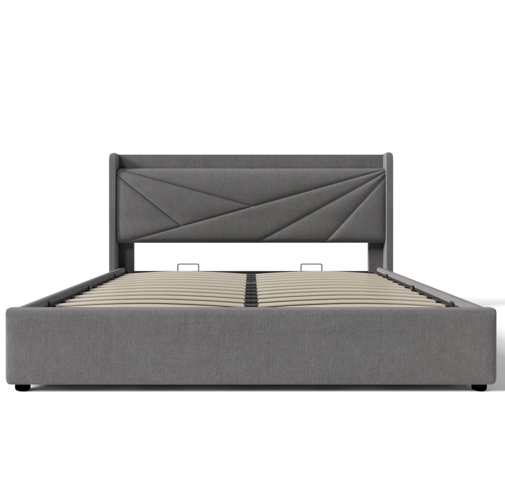 Letto matrimoniale contenitore 180x200 cm con USB e Tipo-C; cotone lino; grigio (Senza materasso)