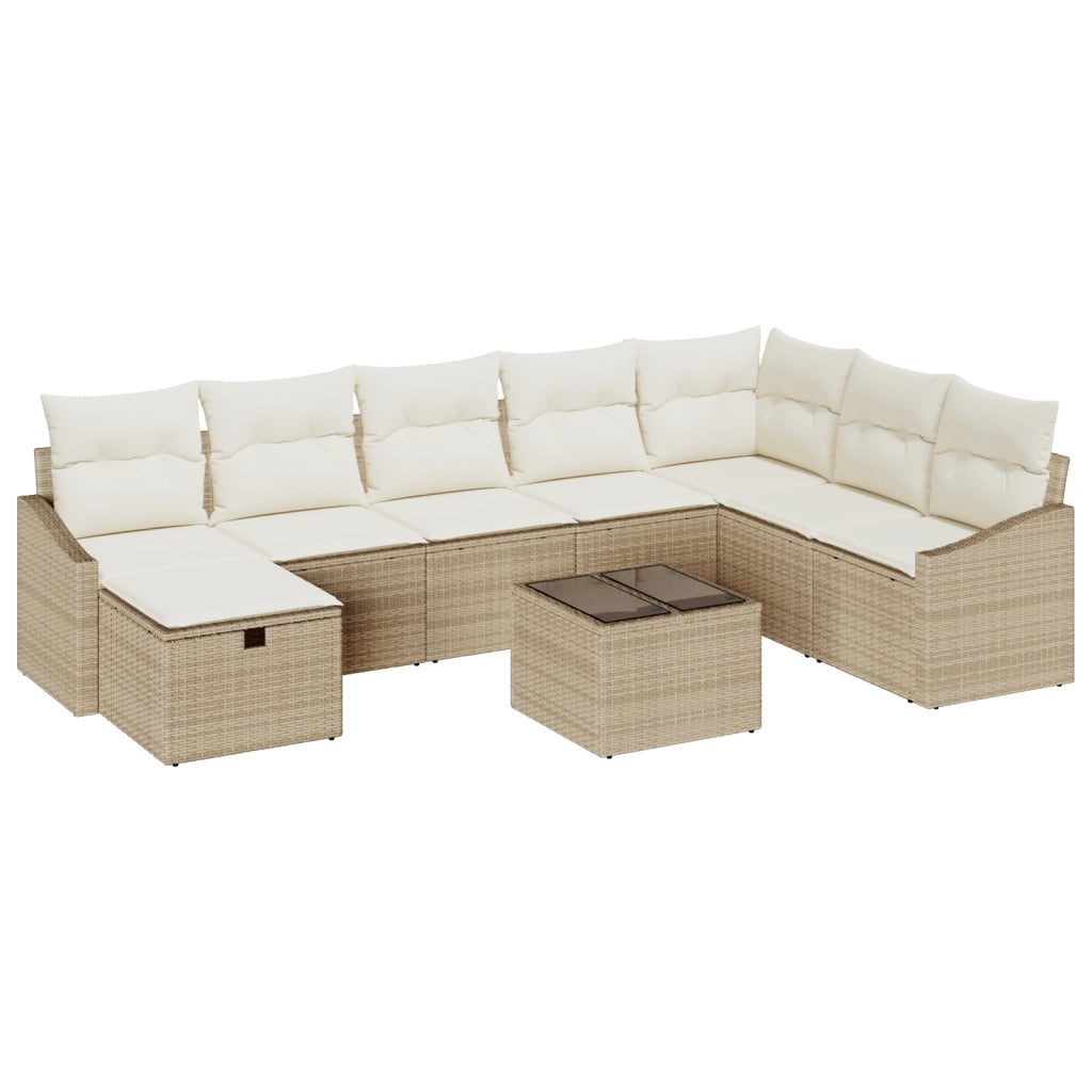 Set Divano da Giardino da 9 Pezzi con Cuscini Beige in Rattan