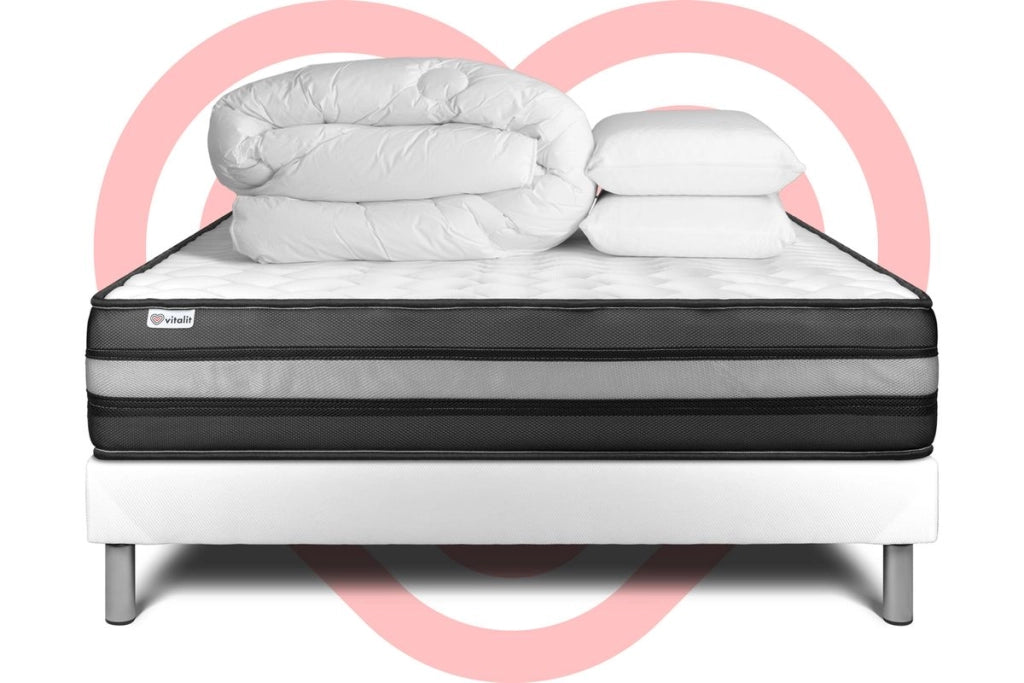 Pacchetto letto completo - Materasso 140x200cm + Box spring con doghe (kit) + 2 cuscini + Piumino - Vital Power Zen