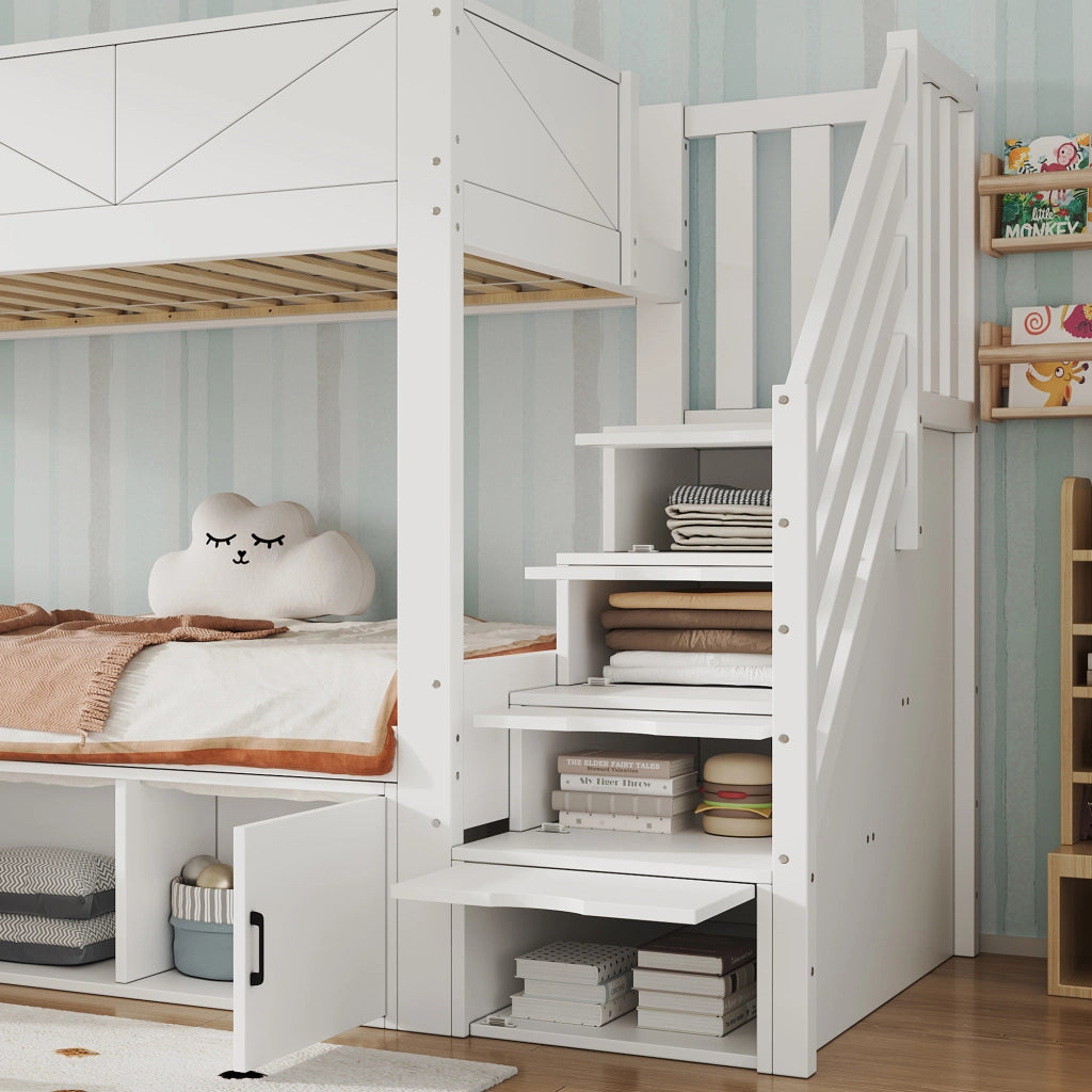 Letto a castello per bambini 90x200 cm con scala contenitore, vani portaoggetti sotto il letto, sponde di sicurezza alte e libreria, legno bianco