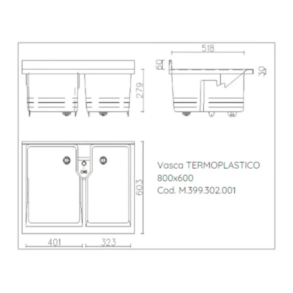 Mobile lavatoio 60x80 cm bianco con vasca in termoplastico, fondo salvagoccia e asse in termoplastico | Lavella