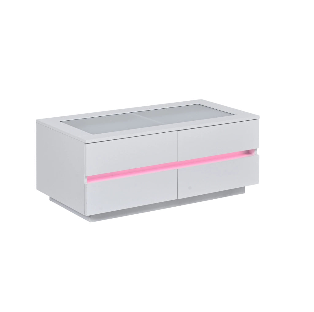 Tavolino da caffè moderno bianco 100x50x40 cm con 4 cassetti; LED; vetro temperato