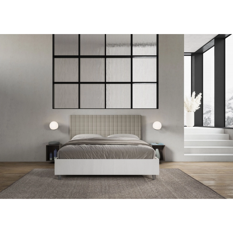 Letto Matrimoniale 160x200 cm struttura bianco frassino testata Burmy - Similpelle,Tortora,Contenitore