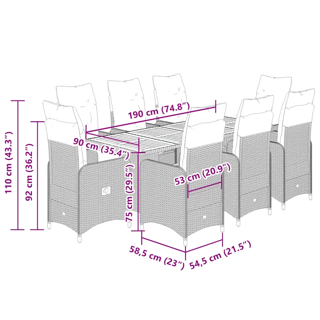 Set BistrÃ² da Giardino 9 pz con Cuscini in Polyrattan Grigio