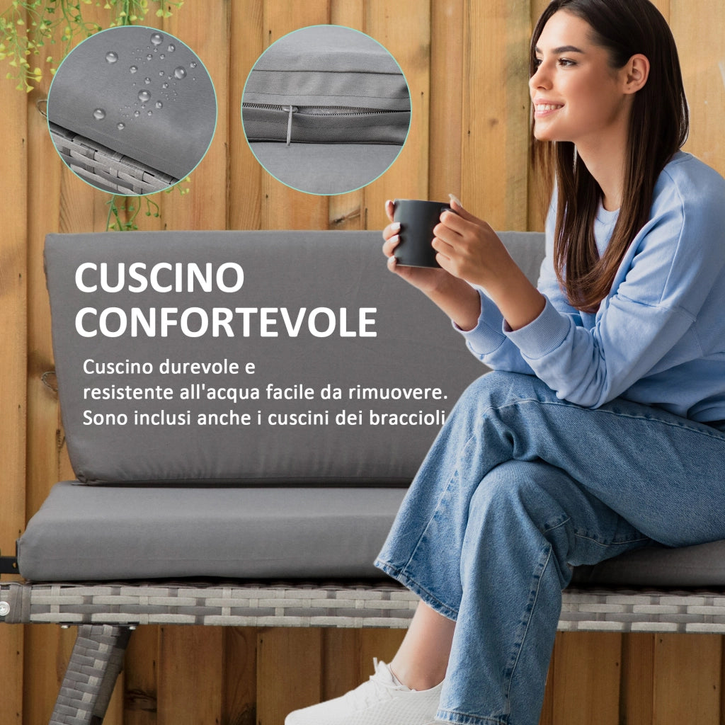 Divano 2 Posti da Giardino in Rattan con Braccioli Ribaltabili ¨C zephmum ¨C Grigio 129x63x67