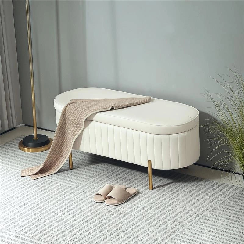 PANCA CONTENITORE OVALE DA 72L CON COPERCHIO SOLLEVABILE, IN TESSUTO VELLUTATO E LEGNO, 108X44X43.5 CM, CREMA