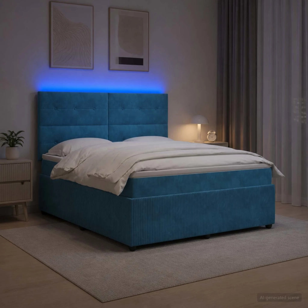 Letto Box Spring LED con Materasso Blu 140 x 190 cm Velluto 3456069
