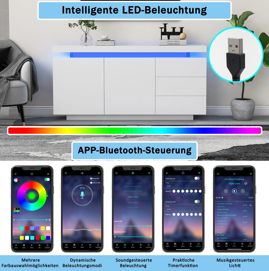 Credenza con LED RGB, 2 ante e 3 cassetti, bianca