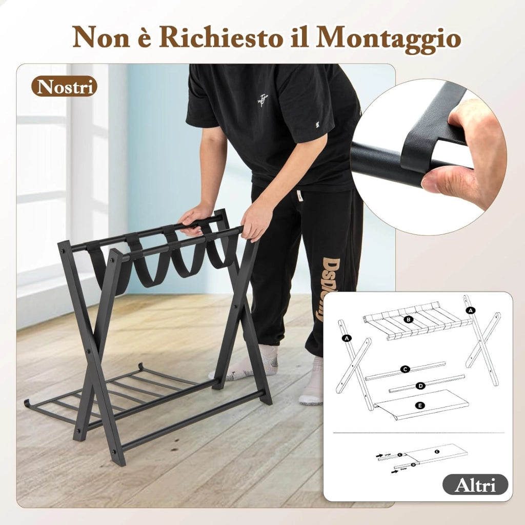 Portavaligie Pieghevole, Porta Valigie Poggia Bagaglio a 2 Ripiani, Cavalletto da Valigie, per Hotel e Viaggio, in Metallo, 68 x 43 x 56 cm (Nero 2)