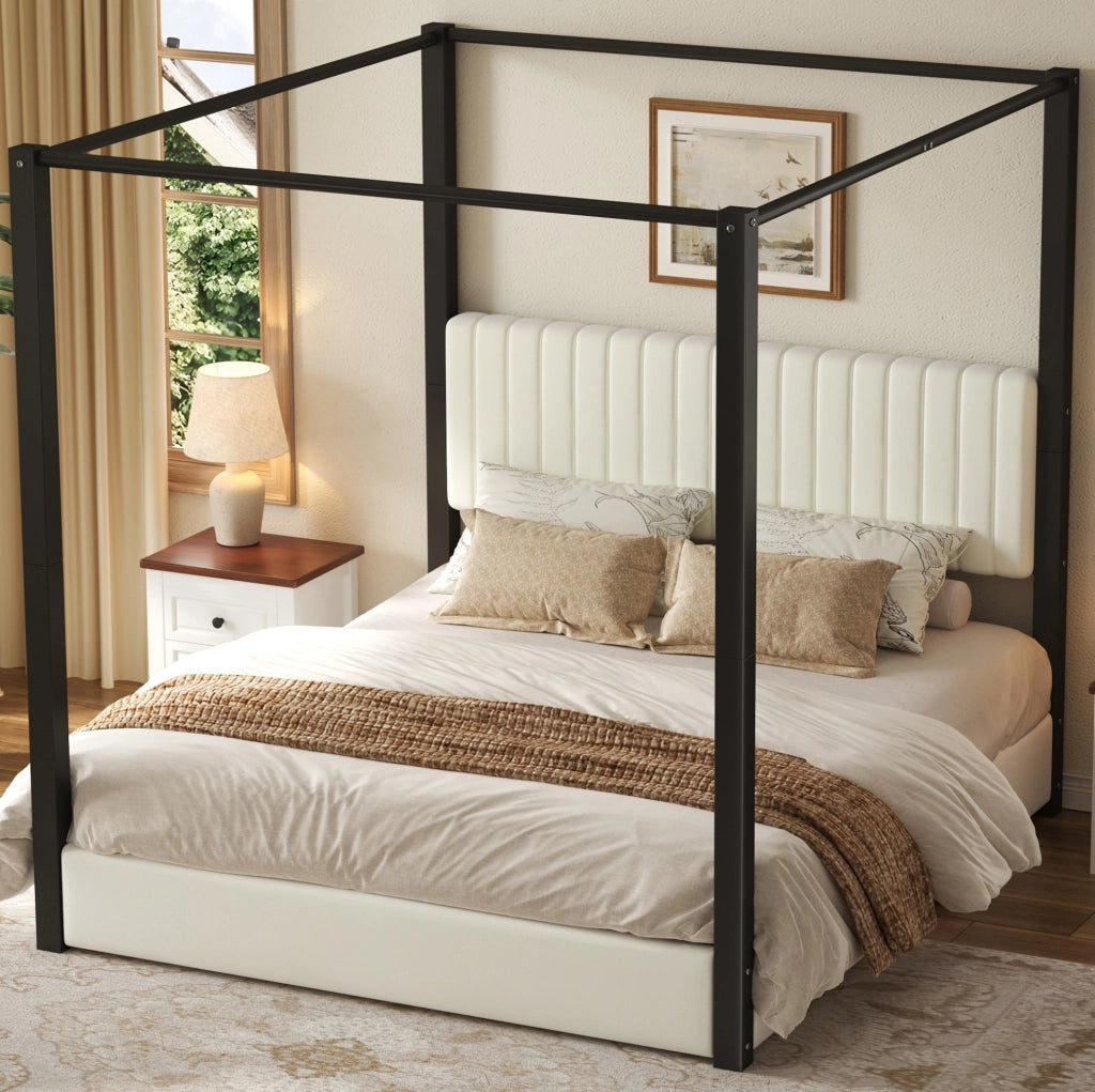 Letto a baldacchino imbottito 180x200 cm con testiera in velluto; beige e nero