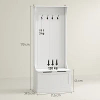 Appendiabiti da Terra Moderno 3 in 1 con 4 Ganci, Panca Contenitore e Attaccapanni, Salvaspazio Mobile da Ingresso, Corridoio, Camera da Letto in Legno, 71.5x39.5x170 cm, Bianco