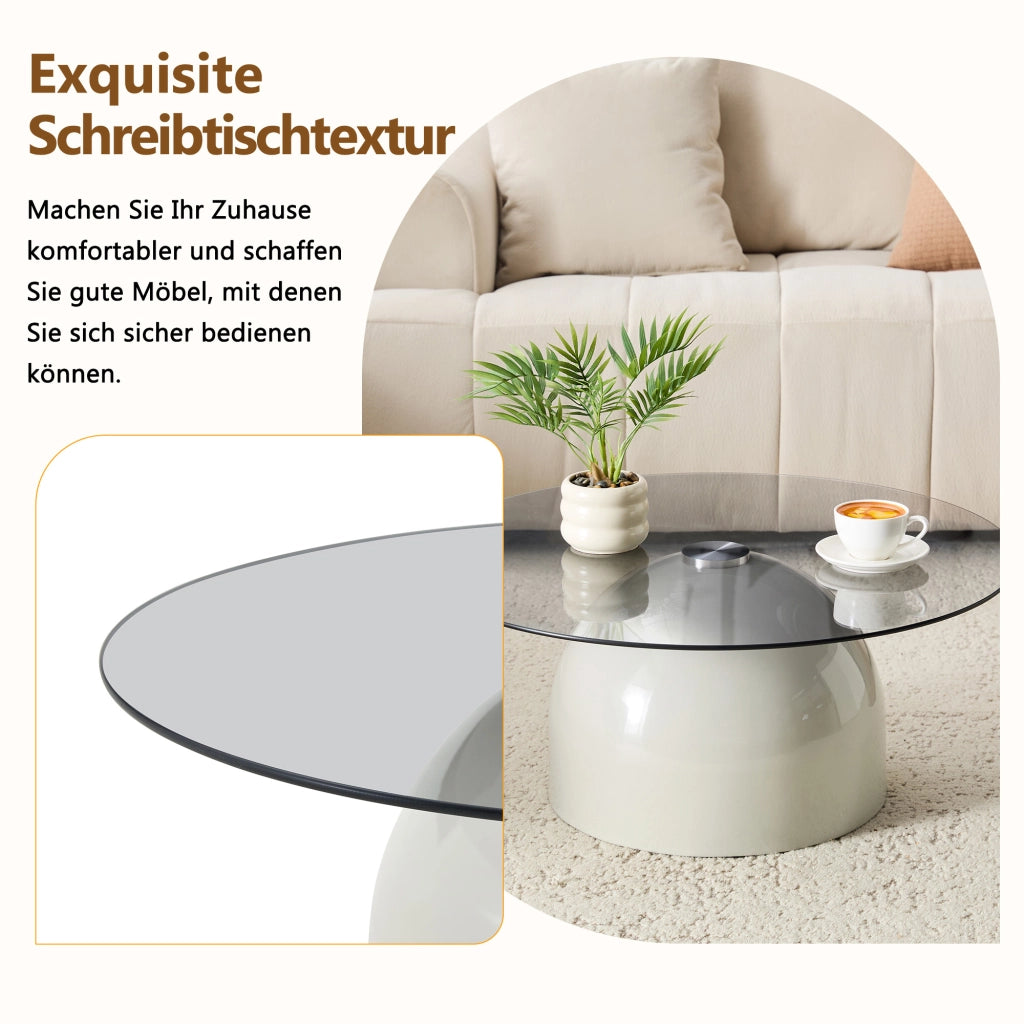 Tavolino basso rotondo con piano in vetro temperato e base semisferica antiscivolo, grigio Ø 70 × 30 cm
