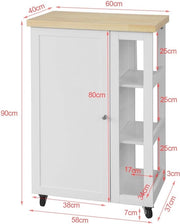 Carrello da cucina - Servizio - 3 Gavette - 1 Porta - Pratico - Spazio di stoccaggio - Su ruote - Bianco - MDF - 40 x 60 x 90 cm