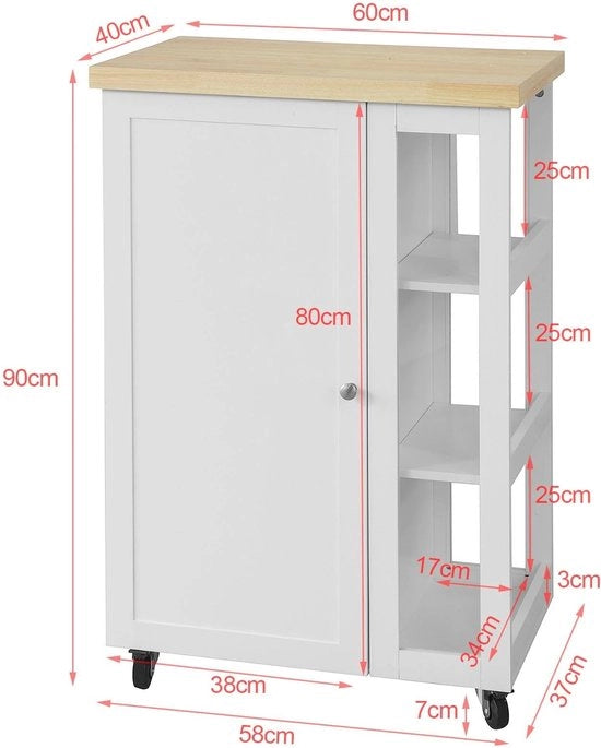 Carrello da cucina - Servizio - 3 Gavette - 1 Porta - Pratico - Spazio di stoccaggio - Su ruote - Bianco - MDF - 40 x 60 x 90 cm