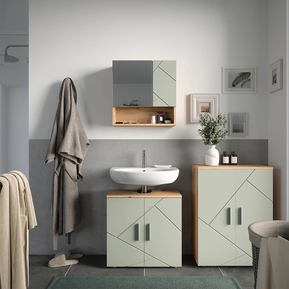 Set di mobili da bagno Irma, Verde salvia, 60 cm, composto da mobile sottolavabo, specchiera e mobile medio