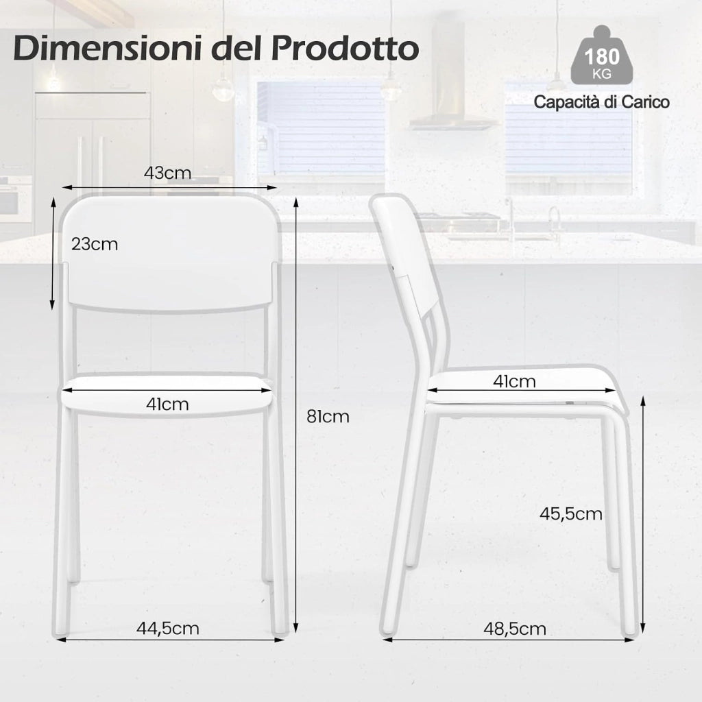 Set 4 Sedie Sala da Pranzo Moderno, Sedie da Cucina Accumulabili con Schienale Inclinato e Gambe Metalliche Robuste, Set di Sedie per Soggiorno, 48,5 x 44,5 x 81 cm (Bianco)