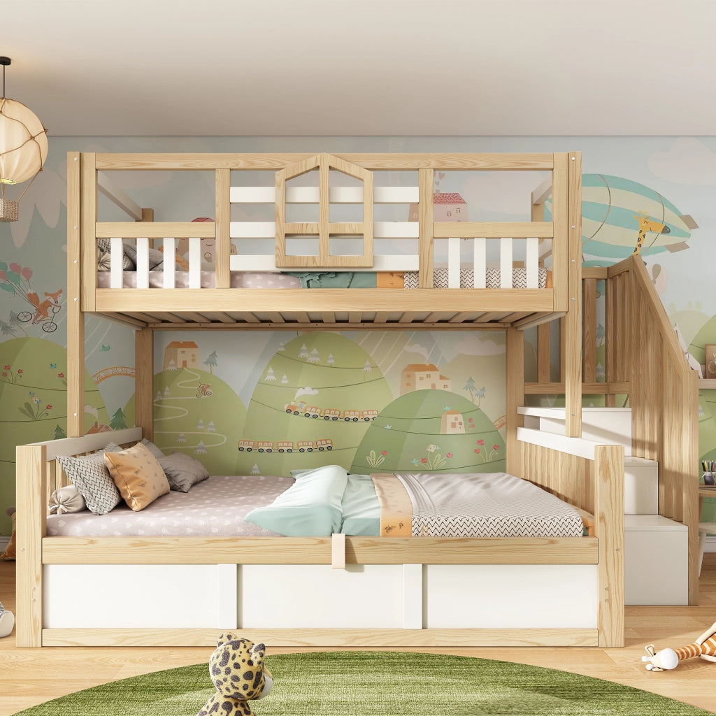 Letto a Castello per Bambini 90+140x200 ¨C MINIMAL ¨C Bianco/Legno Naturale, Idraulico, Contenitore, Doghe, Rete