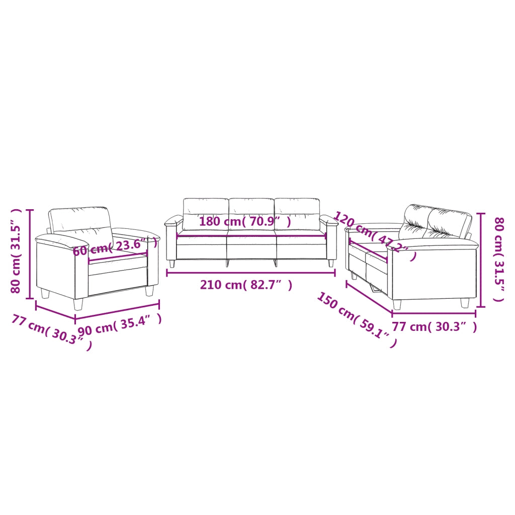 Set Divani 3 pz con Cuscini Tortora in Tessuto Microfibra
