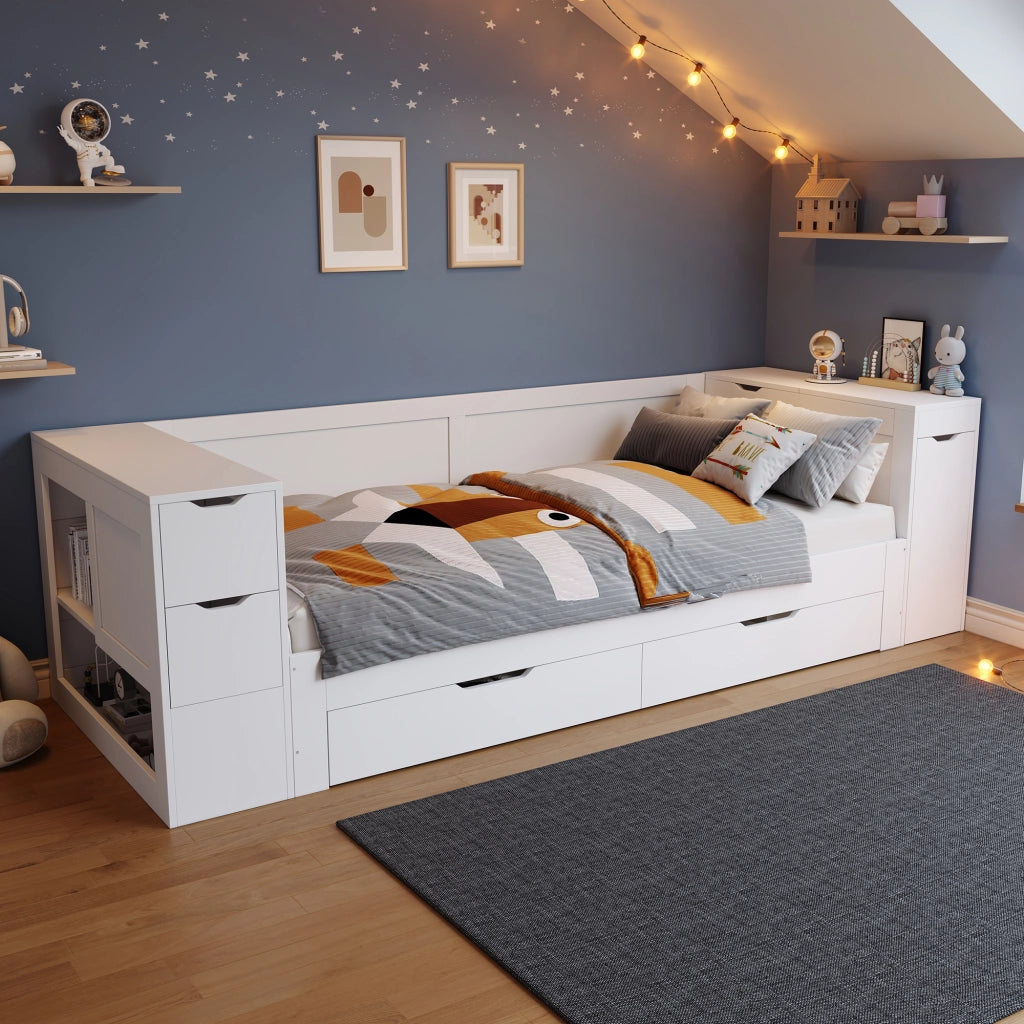 Letto a Divanetto 90x200 cm; Letto Singolo con Cassetti e Contenitore in MDF Bianco