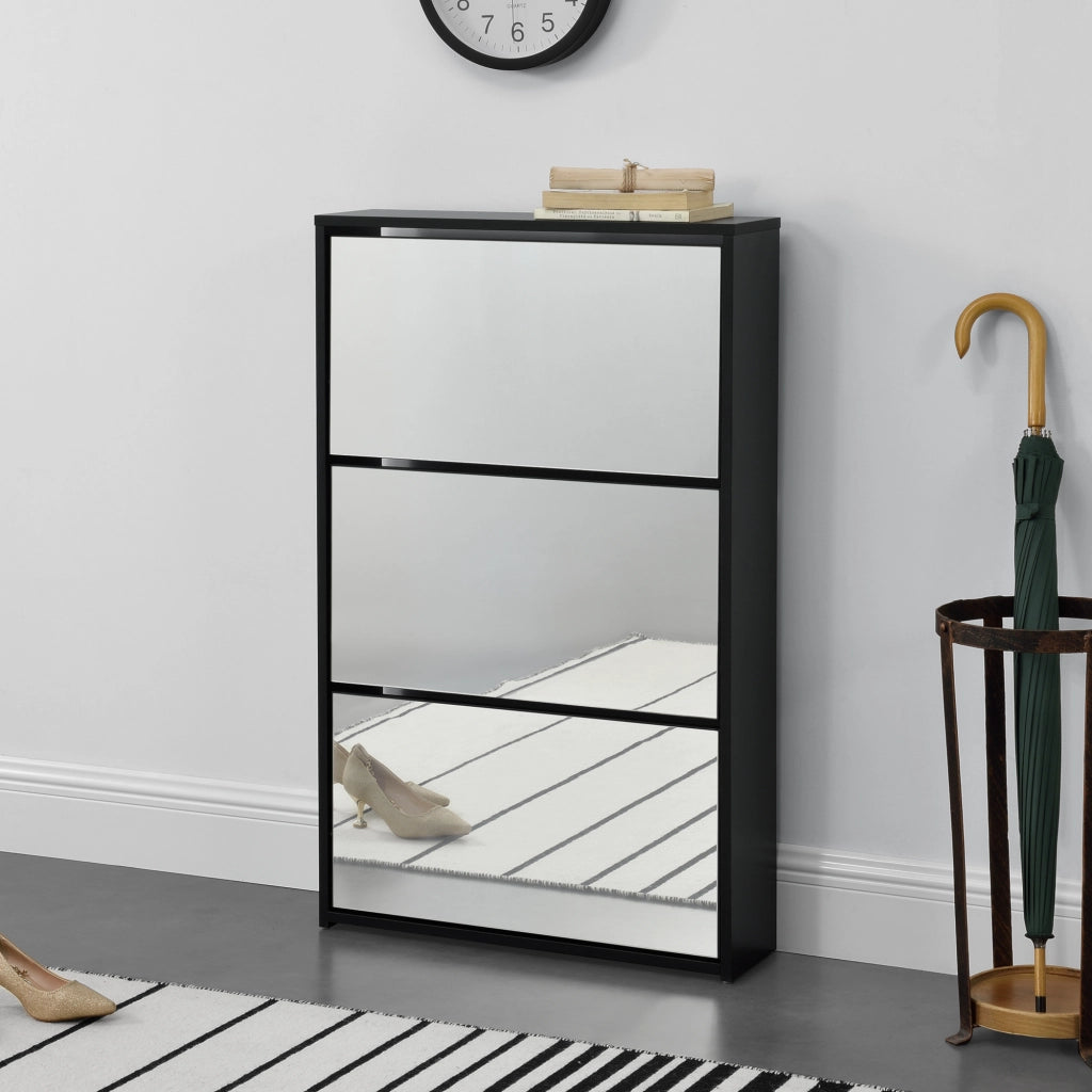 Scarpiera Vogar con 3 Contenitori Ribaltabili Mobile Portascarpe con Ante a Specchio 103x63x17 cm Nero [en.casa]