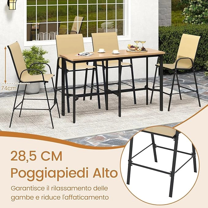 Set di 2 Sgabelli da Bar per Esterno, Sgabello 74 cm da Giardino, Polrona Alta con Poggiapiedi, Seduta Allargata & Telaio in Metallo,per Patio Terrazza Piscina, Portata 150 kg