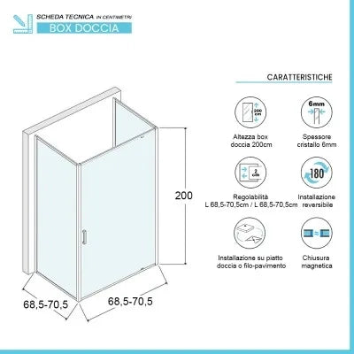 Box doccia 70x70x70 cm con porta a battente serigrafata H 200 cm Ted