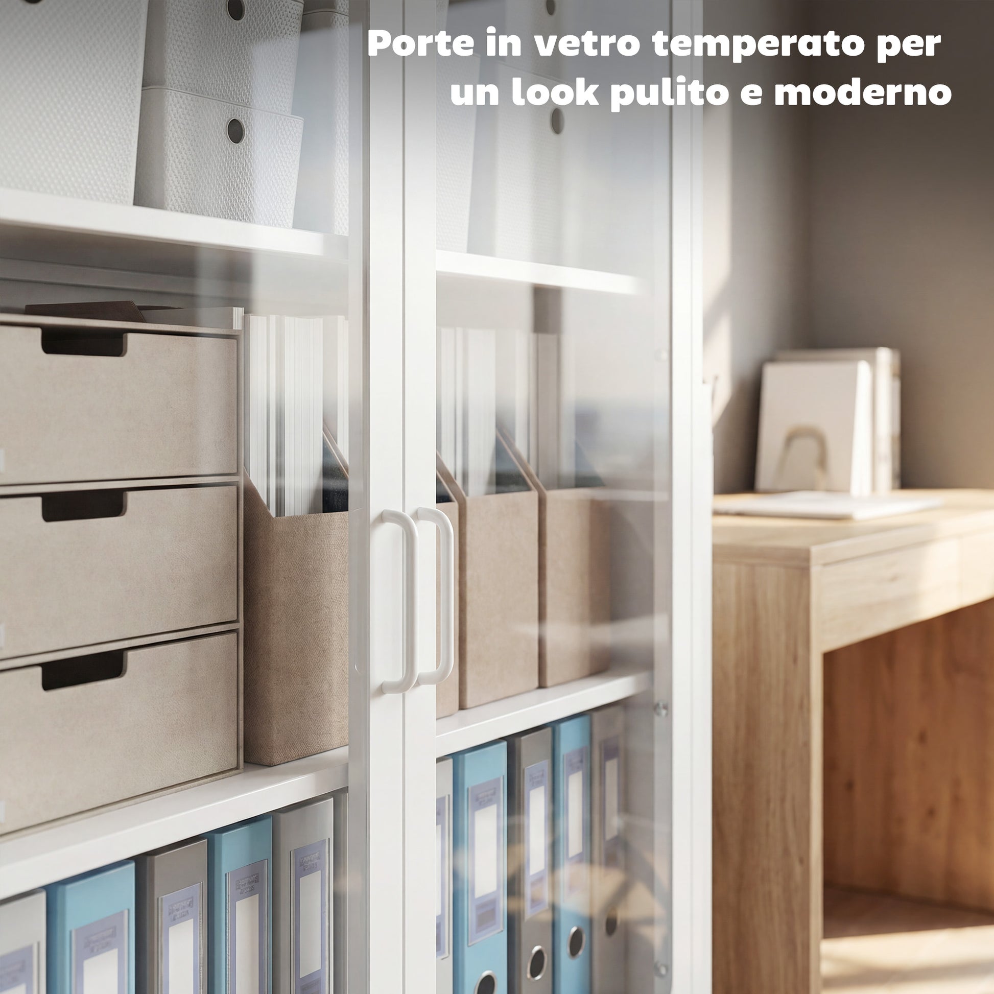 Mobile Portadocumenti 80x40x110 cm con 2 Ante in Vetro e Ripiani Regolabili in Acciaio Bianco