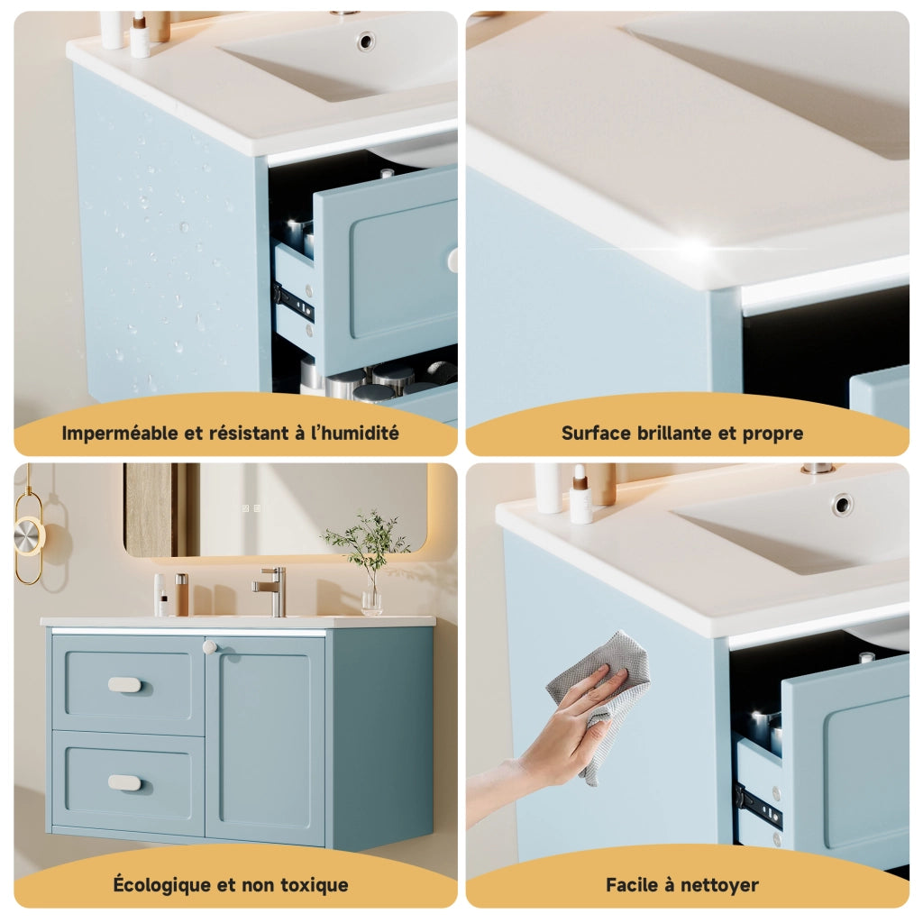 Mobile sottolavabo sospeso con 2 cassetti; illuminazione LED con sensore radar e lavabo in ceramica; per bagno blu