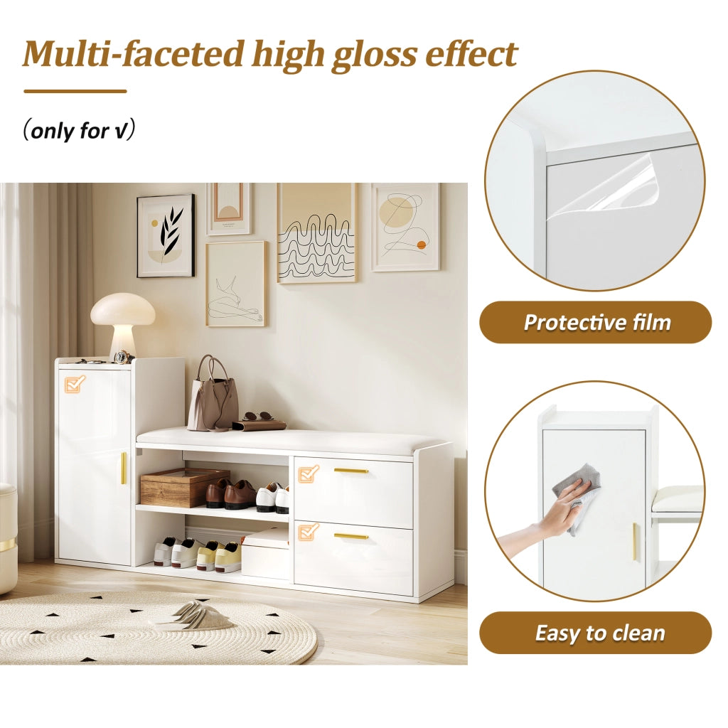 Scarpiera con 2 cassetti e 1 anta, seduta imbottita e ripiani aperti, per ingresso, bianco 128 × 30 × 68 cm