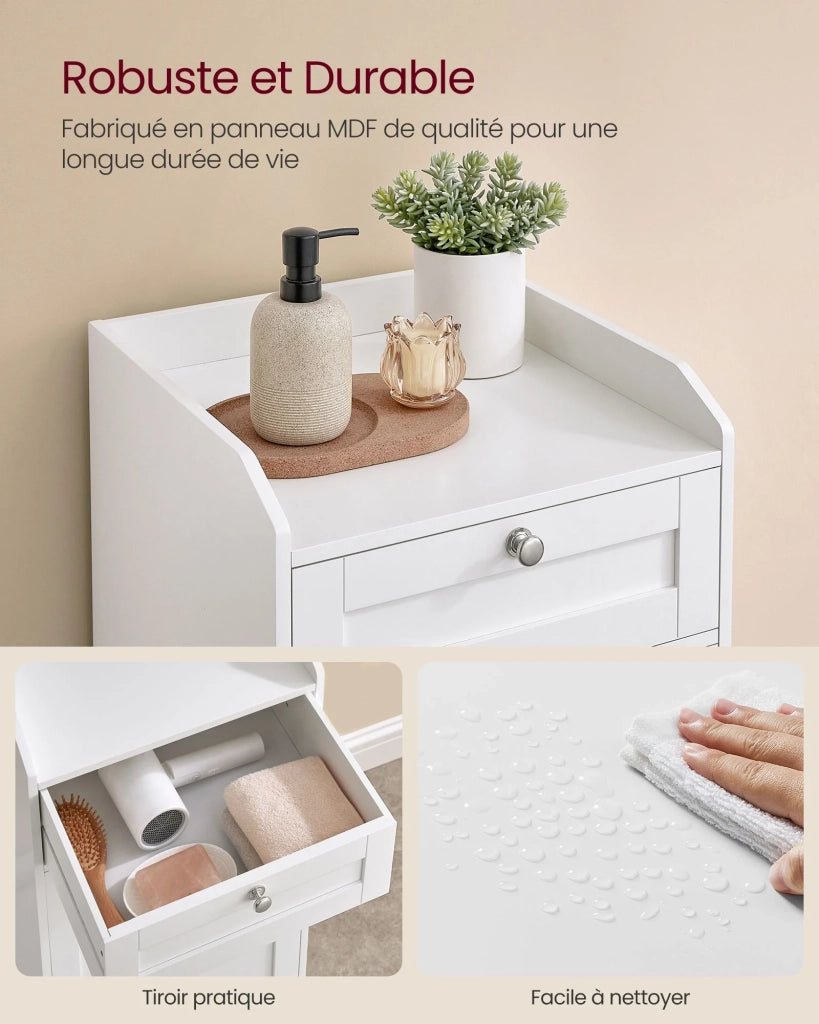 Mobiletto da bagno con cesto portabiancheria e contenitore dotato di 1 cassetto e 1 sacco interno portabiancheria estraibile con manici 40 x 40 x 80,2 cm bianco 12_0006485