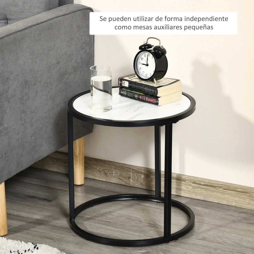 Tavolini nido rotondi apilabili con piano effetto marmo ¨C zephmum ¨C ?60x46 cm e ?40x40 cm bianco