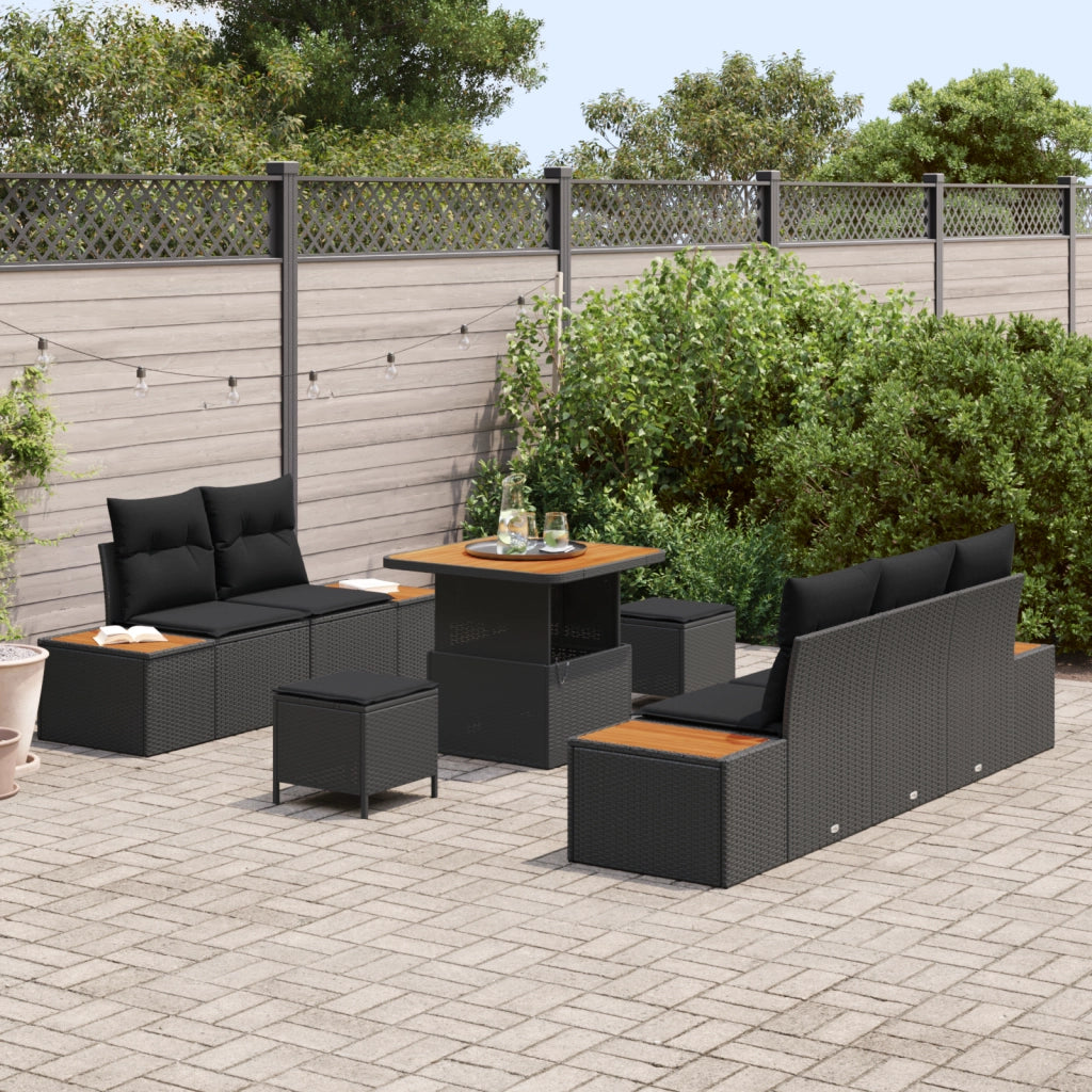 Set di divani giardino 8 pezzi con cuscini in polyrattan nero e acacia