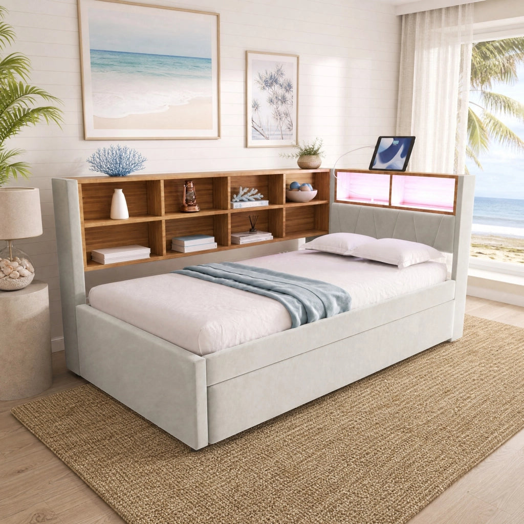 LETTO Divano letto estraibile 90x200 cm con LED e prese Flanella grigio chiaro