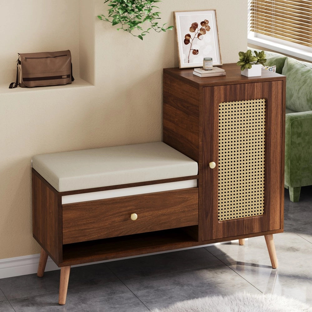 Panca Ingresso con Scarpiera, Cassetti e Ante ¨C MINIMAL ¨C Rattan, Cuscino Seduta